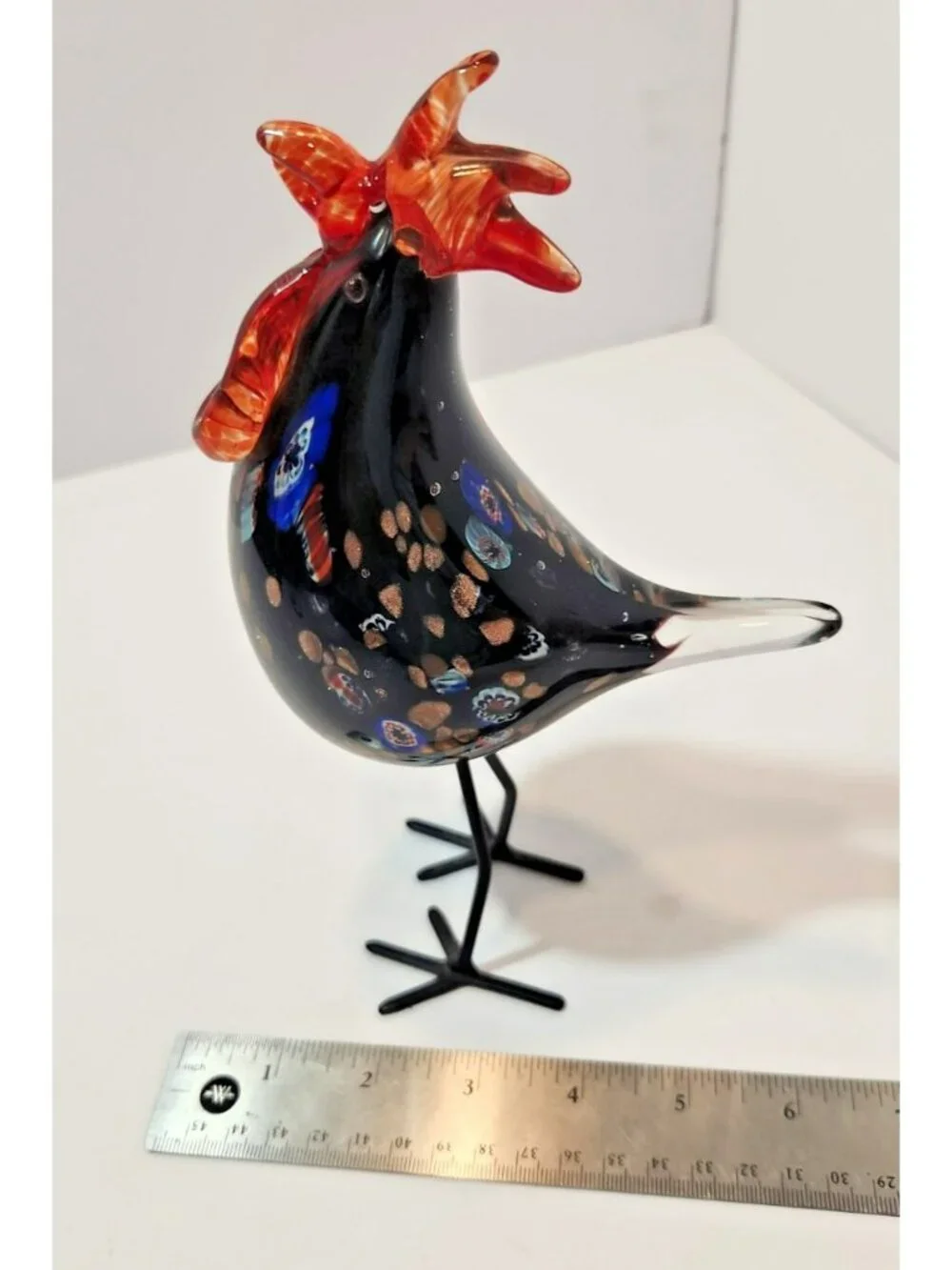 Vintage Murano Style Hand Blown Art Glass Rooster Multicolor Figurine 8.5